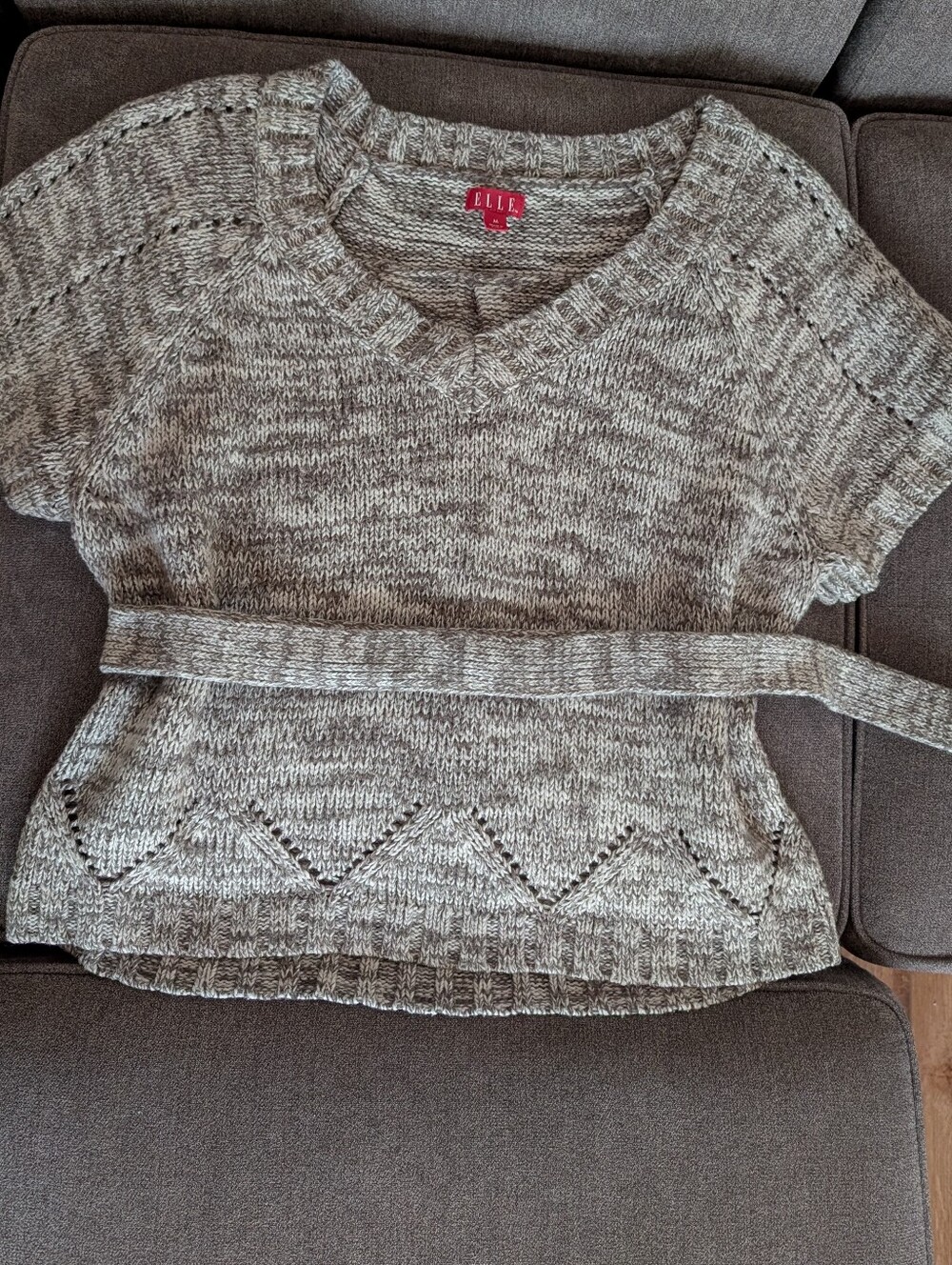 Elle Marled Gray V-Neck Short Sleeve Knit with Waist Tie